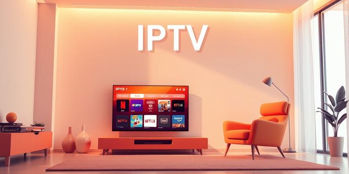 Modern living room with a glowing smart TV displaying streaming apps icons and the word IPTV above it, representing Internet Protocol Television.