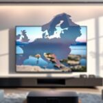3D rendering of a minimalist Nordic living room featuring a stylized representation of the Nordic countries and a 4K television displaying a nature scene, symbolizing Nordisk IPTV 4K.