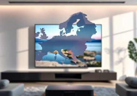 3D rendering of a minimalist Nordic living room featuring a stylized representation of the Nordic countries and a 4K television displaying a nature scene, symbolizing Nordisk IPTV 4K.