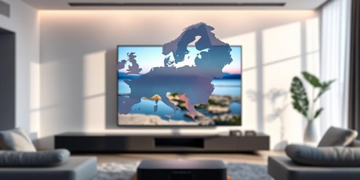 3D rendering of a minimalist Nordic living room featuring a stylized representation of the Nordic countries and a 4K television displaying a nature scene, symbolizing Nordisk IPTV 4K.