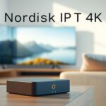 Nordisk IPTV 4K box displayed in a modern Scandinavian living room setting with a 4K TV showcasing a crystal-clear nature scene.
