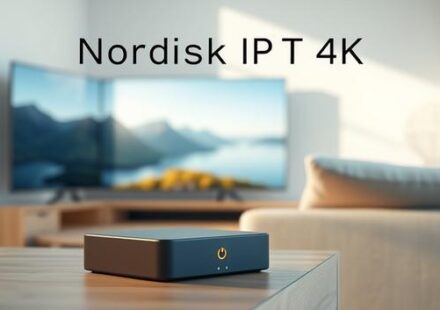 Nordisk IPTV 4K box displayed in a modern Scandinavian living room setting with a 4K TV showcasing a crystal-clear nature scene.