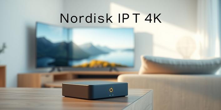 Nordisk IPTV 4K box displayed in a modern Scandinavian living room setting with a 4K TV showcasing a crystal-clear nature scene.