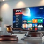 3D rendering of a smart TV displaying an IPTV interface next to a gavel on legal documents, symbolizing IPTV and its legal implications.
