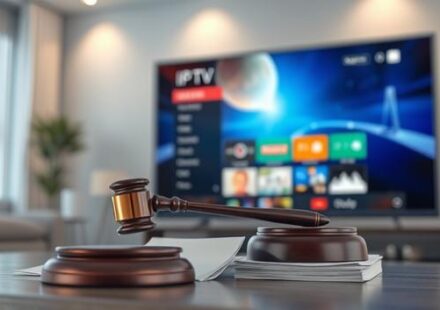 3D rendering of a smart TV displaying an IPTV interface next to a gavel on legal documents, symbolizing IPTV and its legal implications.