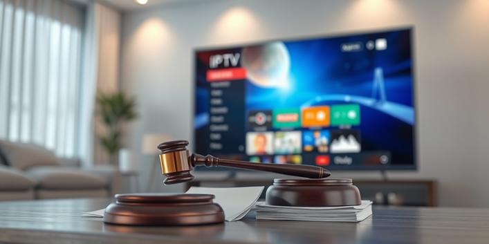 3D rendering of a smart TV displaying an IPTV interface next to a gavel on legal documents, symbolizing IPTV and its legal implications.