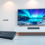 Sleek 3D rendering of a Scandinavian living room featuring a 4K TV displaying a nature scene, symbolizing Nordisk IPTV's free trial.