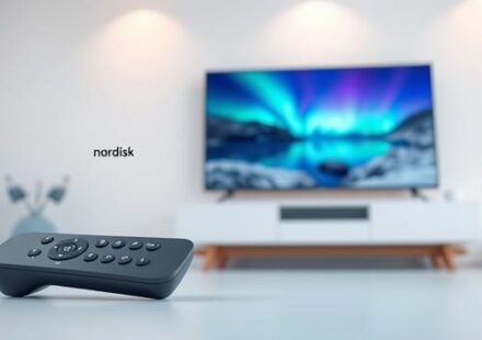Sleek 3D rendering of a Scandinavian living room featuring a 4K TV displaying a nature scene, symbolizing Nordisk IPTV's free trial.