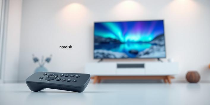 Sleek 3D rendering of a Scandinavian living room featuring a 4K TV displaying a nature scene, symbolizing Nordisk IPTV's free trial.