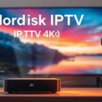 3D render depicting Nordisk IPTV 4K and Tivimate, showcasing a 4K TV, Android TV box, and floating text/icon.