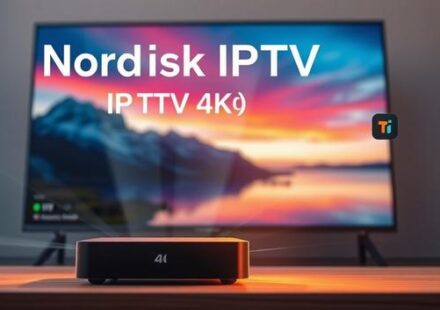 3D render depicting Nordisk IPTV 4K and Tivimate, showcasing a 4K TV, Android TV box, and floating text/icon.
