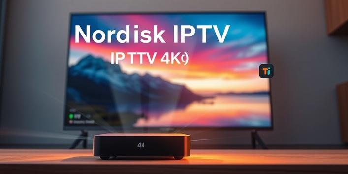 3D render depicting Nordisk IPTV 4K and Tivimate, showcasing a 4K TV, Android TV box, and floating text/icon.