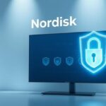Nordisk IPTV 4K Security Illustration: A glowing logo protects a secure 4K television displaying encryption keys.