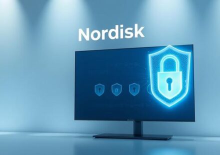 Nordisk IPTV 4K Security Illustration: A glowing logo protects a secure 4K television displaying encryption keys.