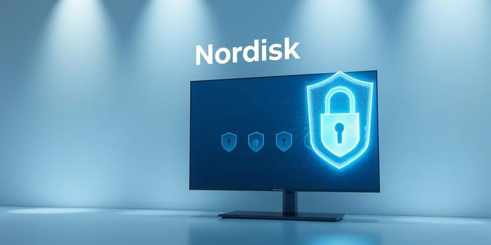 Nordisk IPTV 4K Security Illustration: A glowing logo protects a secure 4K television displaying encryption keys.