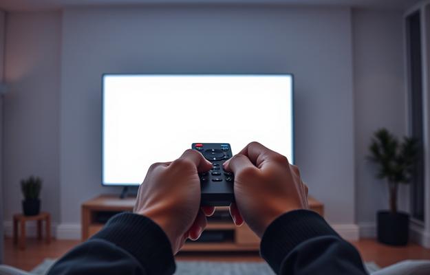 En person använder Apple TV fjärrkontrollen framför sin TV.
