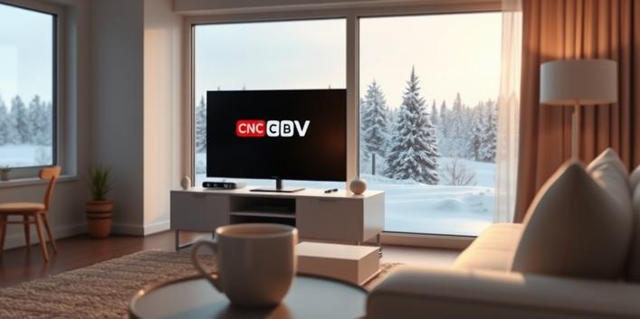 Ett vardagsrum i Sverige med en TV som visar en utländsk TV-kanal via Nordisk IPTV.