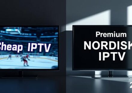 Two television screens side-by-side illustrating the difference in quality between cheap IPTV and premium Nordisk IPTV in 2026.