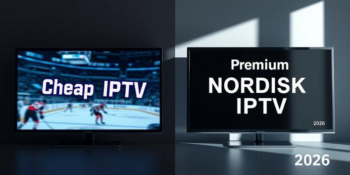 Two television screens side-by-side illustrating the difference in quality between cheap IPTV and premium Nordisk IPTV in 2026.