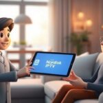 A stylized 3D illustration depicting a Nordisk IPTV customer support agent handing a glowing tablet to a happy customer on a sofa in a cozy Scandinavian-style living room.