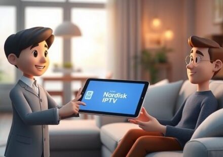 A stylized 3D illustration depicting a Nordisk IPTV customer support agent handing a glowing tablet to a happy customer on a sofa in a cozy Scandinavian-style living room.