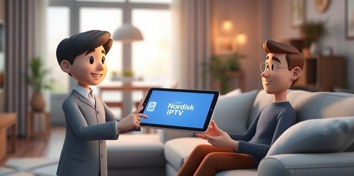 A stylized 3D illustration depicting a Nordisk IPTV customer support agent handing a glowing tablet to a happy customer on a sofa in a cozy Scandinavian-style living room.