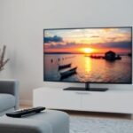 A modern Swedish living room featuring a large TV displaying a scenic sunset, representing Nordic IPTV's high-quality streaming experience.