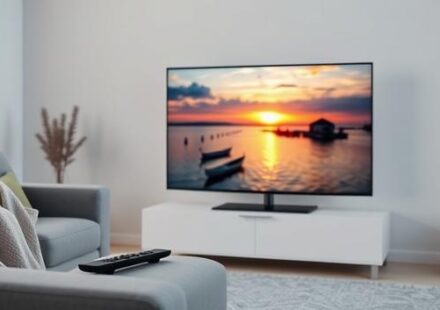 A modern Swedish living room featuring a large TV displaying a scenic sunset, representing Nordic IPTV's high-quality streaming experience.