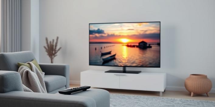 A modern Swedish living room featuring a large TV displaying a scenic sunset, representing Nordic IPTV's high-quality streaming experience.