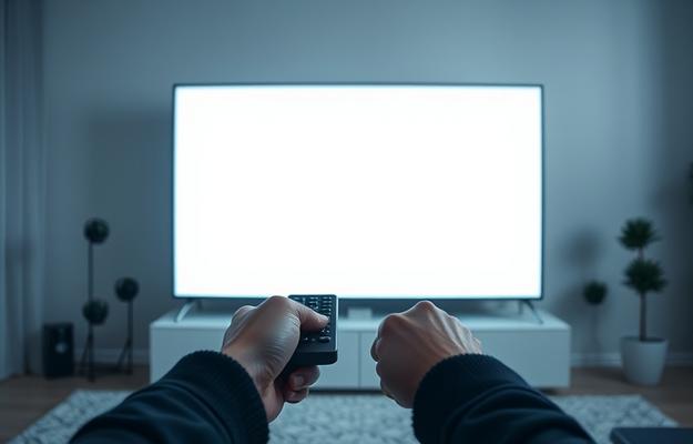 Close up of a remote control pointed at a Smart TV with Nordisk IPTV 4K on screen, showing ease of use.
