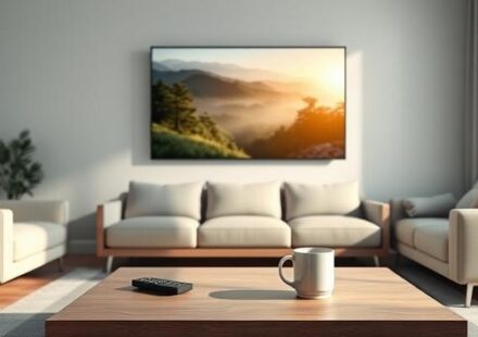 A comfortable living room with a smart TV displaying "Nordisk IPTV - Premium Streaming.