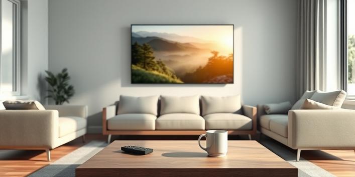 A comfortable living room with a smart TV displaying "Nordisk IPTV - Premium Streaming.