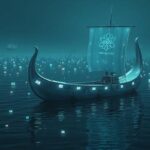 A Nordic longship made of ice amidst glowing screens representing TV channels, symbolizing Nordisk IPTV's channel selection compared to others.