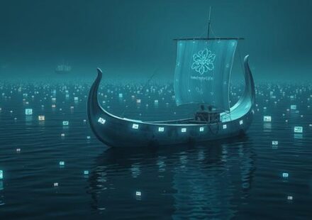 A Nordic longship made of ice amidst glowing screens representing TV channels, symbolizing Nordisk IPTV's channel selection compared to others.