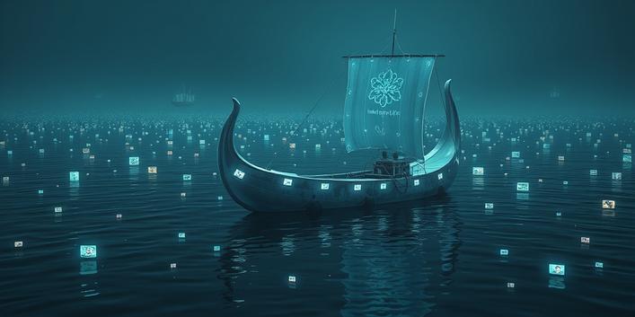 A Nordic longship made of ice amidst glowing screens representing TV channels, symbolizing Nordisk IPTV's channel selection compared to others.