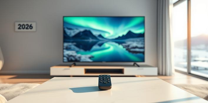Nordisk IPTV: The Ultimate 4K Streaming Solution for 2026, visualized as a modern Nordic living room with a 4K TV displaying a scenic landscape.