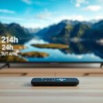 A smart TV displaying a Nordic landscape with a 24h clock icon and a remote control on a wooden table.