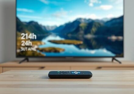 A smart TV displaying a Nordic landscape with a 24h clock icon and a remote control on a wooden table.