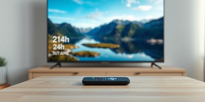 A smart TV displaying a Nordic landscape with a 24h clock icon and a remote control on a wooden table.