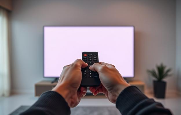 Close-up of a remote control pointing at a smart TV displaying an IPTV channel selection screen. Keywords: bästa IPTV Sverige, IPTV Norway, premium IPTV Scandinavia