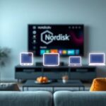 A modern living room scene with a Nordisk IPTV interface on a TV screen and floating device icons representing smartphones, tablets, laptops, and smart TVs, all connected by light beams, symbolizing easy setup across various devices.