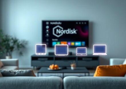 A modern living room scene with a Nordisk IPTV interface on a TV screen and floating device icons representing smartphones, tablets, laptops, and smart TVs, all connected by light beams, symbolizing easy setup across various devices.