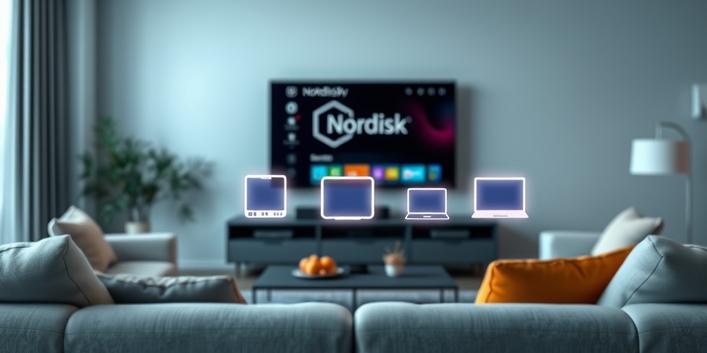 A modern living room scene with a Nordisk IPTV interface on a TV screen and floating device icons representing smartphones, tablets, laptops, and smart TVs, all connected by light beams, symbolizing easy setup across various devices.
