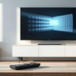 A modern Scandinavian living room features a TV displaying an EPG, a remote control on a coffee table, and a tablet with a catch-up TV icon, representing Nordisk IPTV features.