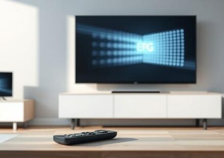 A modern Scandinavian living room features a TV displaying an EPG, a remote control on a coffee table, and a tablet with a catch-up TV icon, representing Nordisk IPTV features.