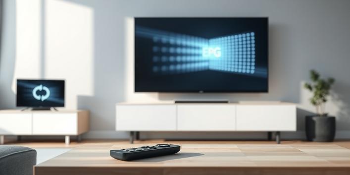A modern Scandinavian living room features a TV displaying an EPG, a remote control on a coffee table, and a tablet with a catch-up TV icon, representing Nordisk IPTV features.